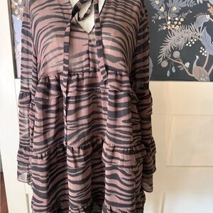 Olivaceous Zebra Print Sheer Blousy Dress in A Black and Brown Sz S